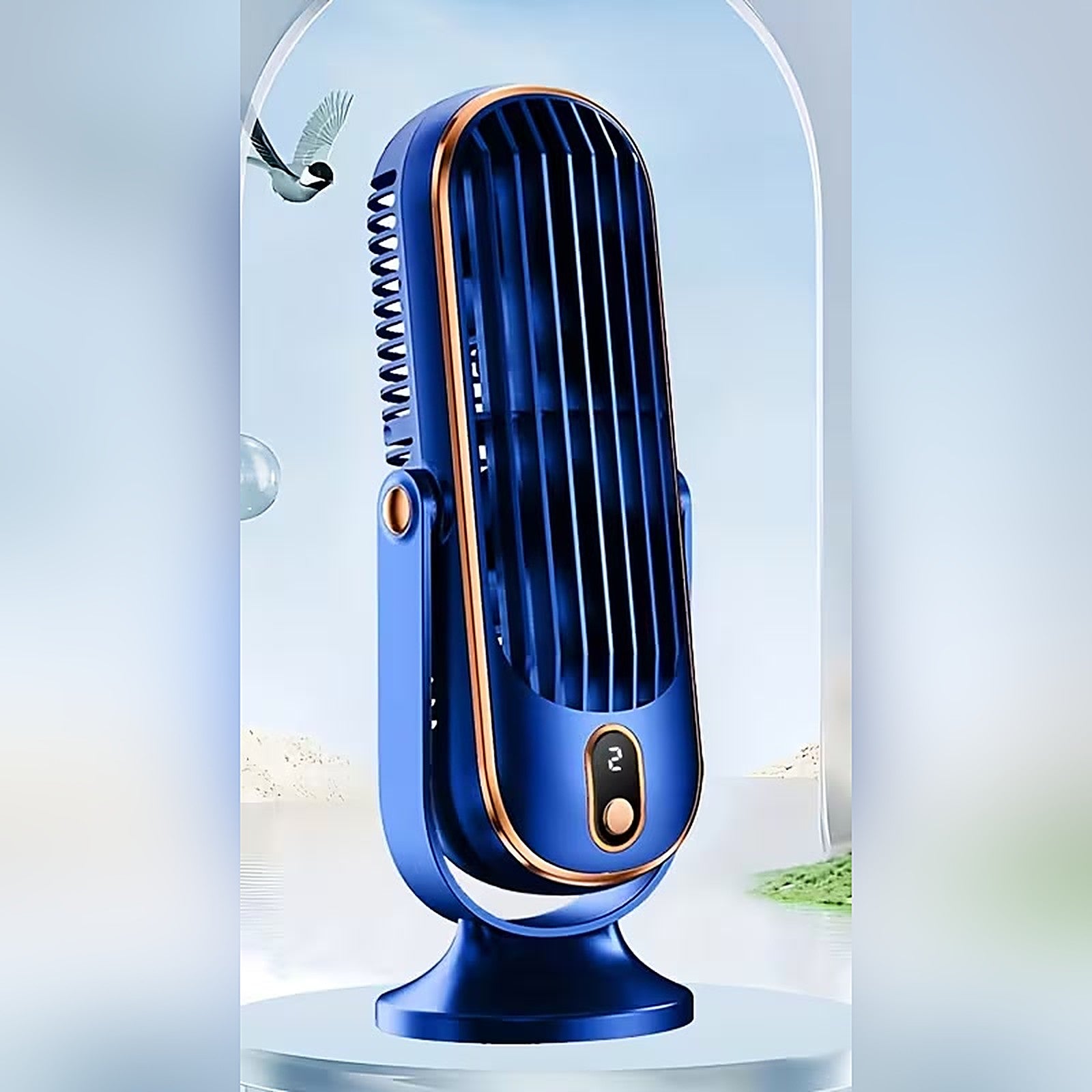 Blue portable dual-motor tower fan