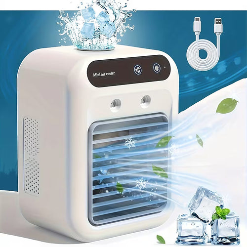 Mini air cooler with ice-mist cooling and USB-C charging