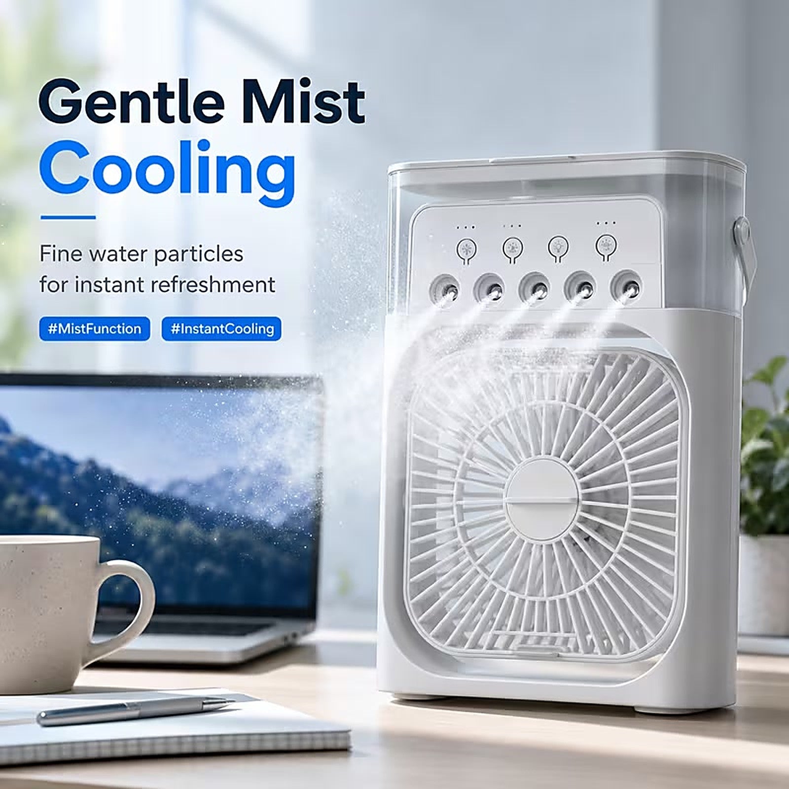 Fan spraying fine cooling mist
