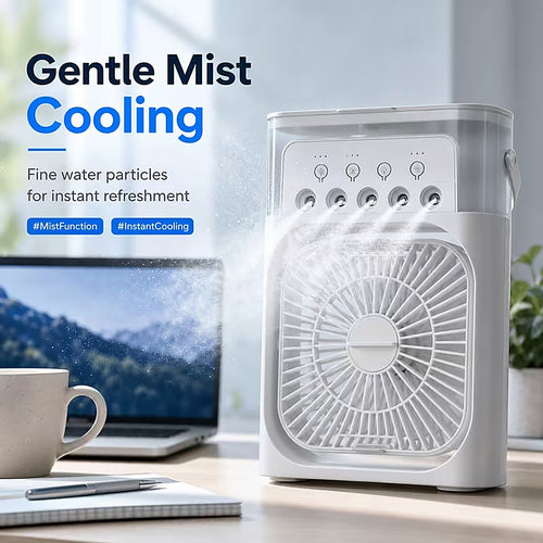 Fan spraying fine cooling mist