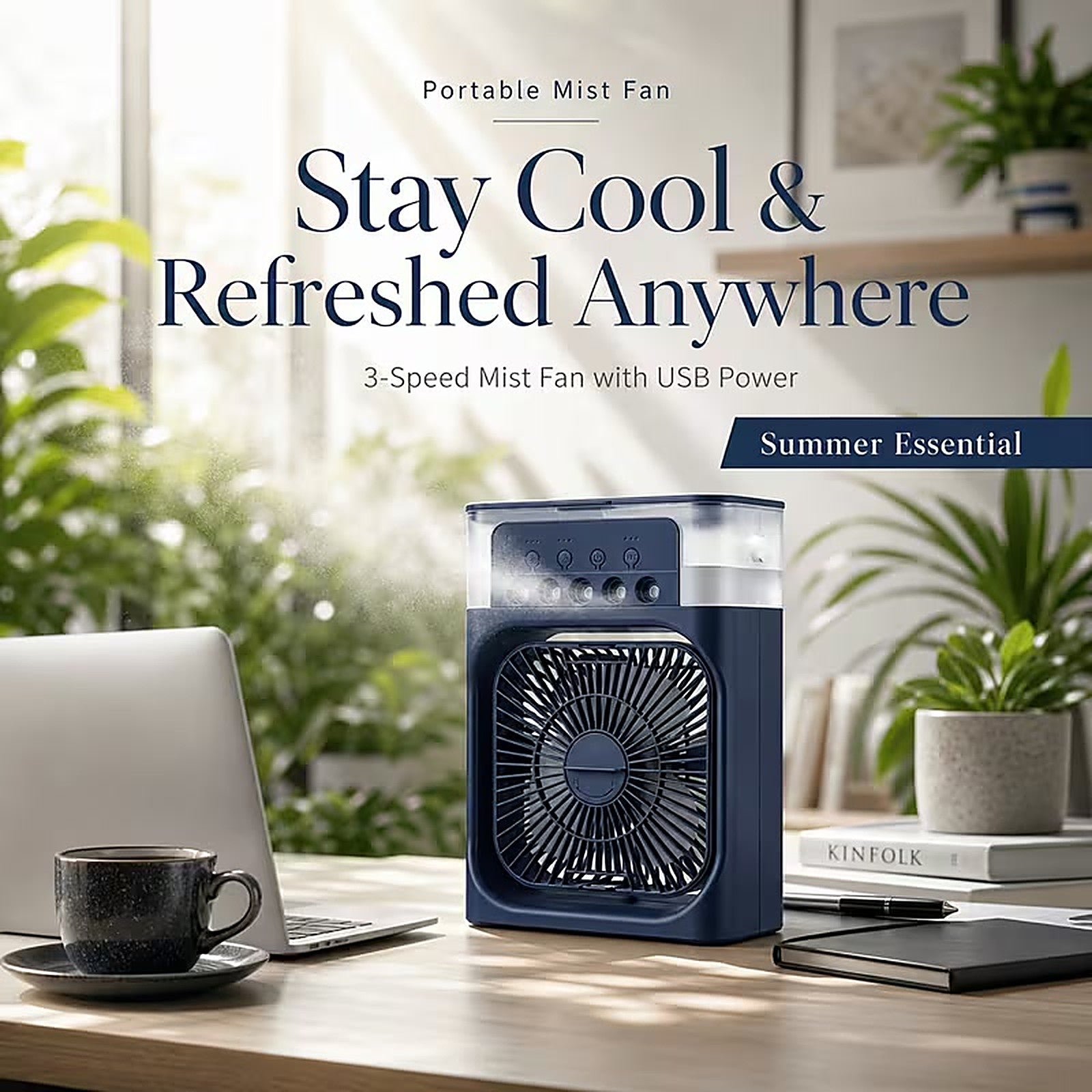 Mist cooling fan on a desk
