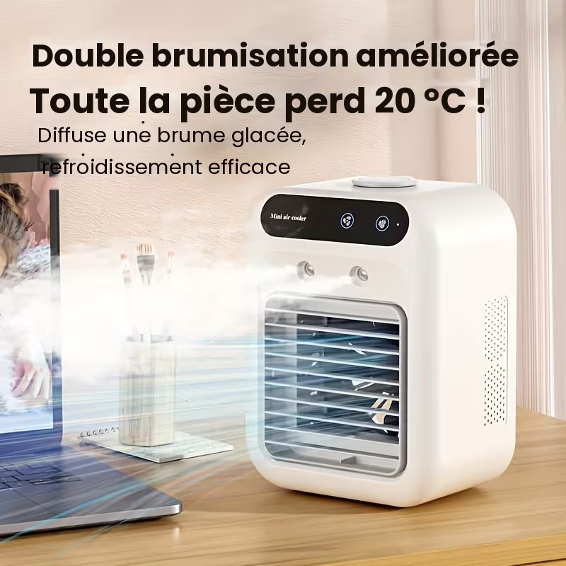 Mini air cooler on a desk diffusing an icy mist