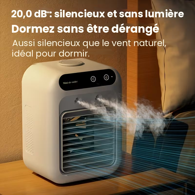 Mini air cooler running quietly at 20dB on a bedside table