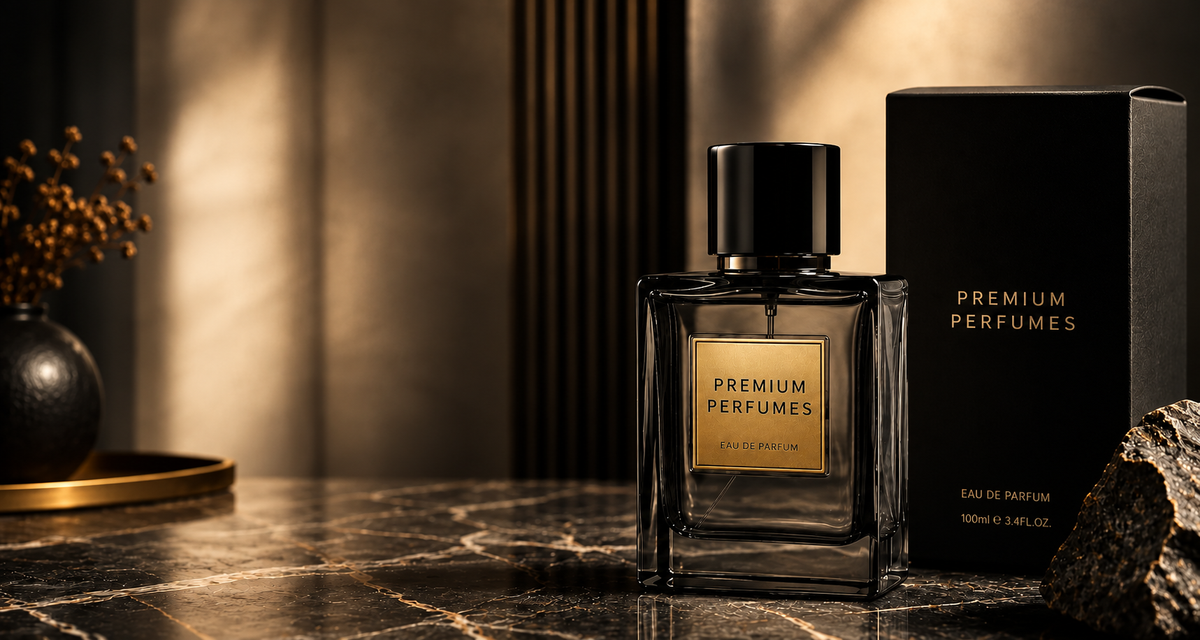 Black glass eau de parfum bottle and box on dark marble, warm side light