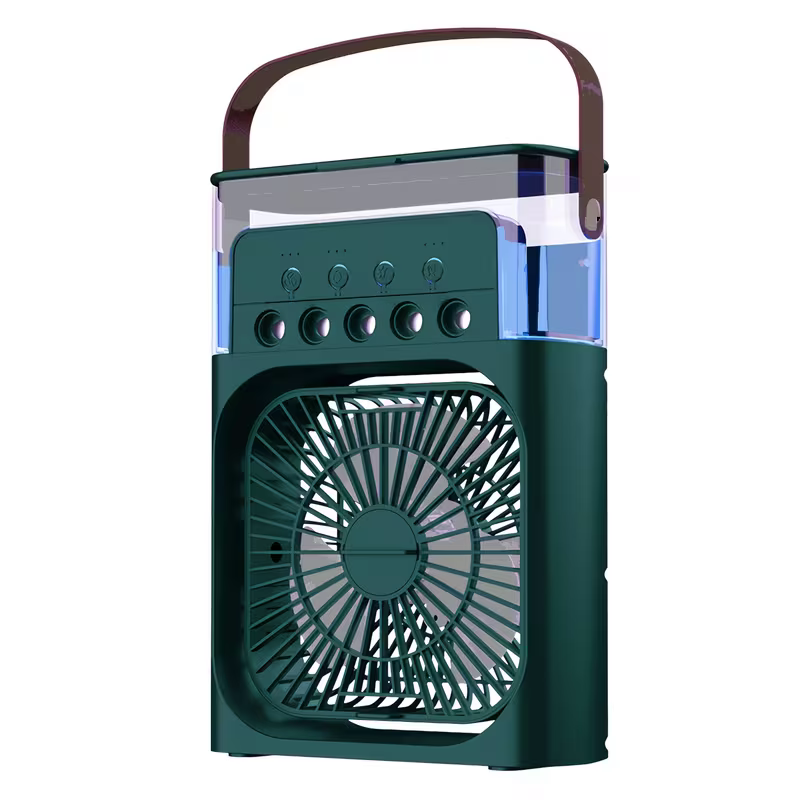Portable misting cooling fan with clear water tank and carry handle