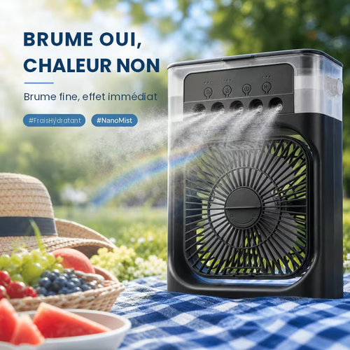 Portable misting fan spraying a fine cool mist outdoors