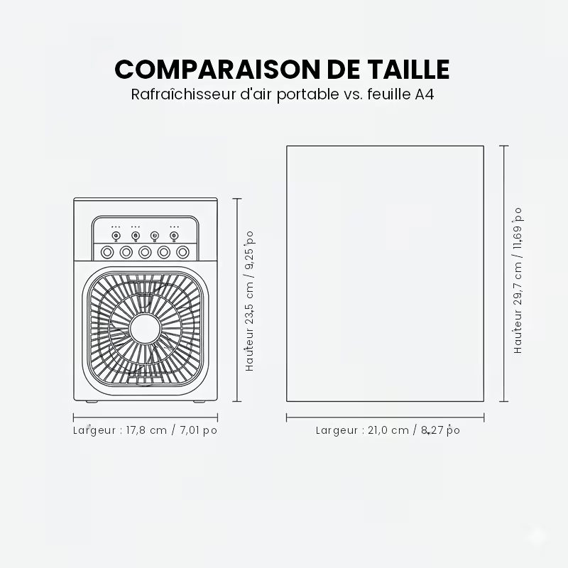 Size comparison: the portable air cooler next to an A4 sheet of paper