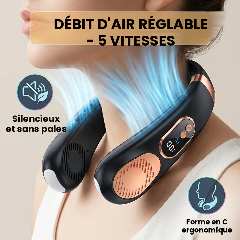Portable bladeless neck fan worn on the neck with 5 adjustable speed settings