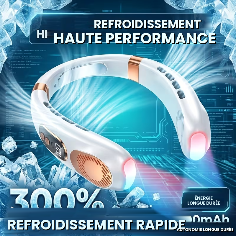 White portable neck fan with advanced high-performance cooling and all-day battery