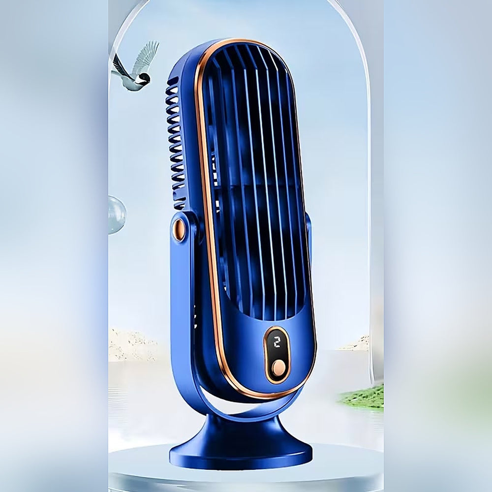 Portable dual-motor tower fan in blue with LED speed display