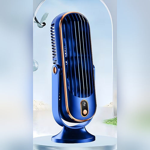 Portable dual-motor tower fan in blue with LED speed display