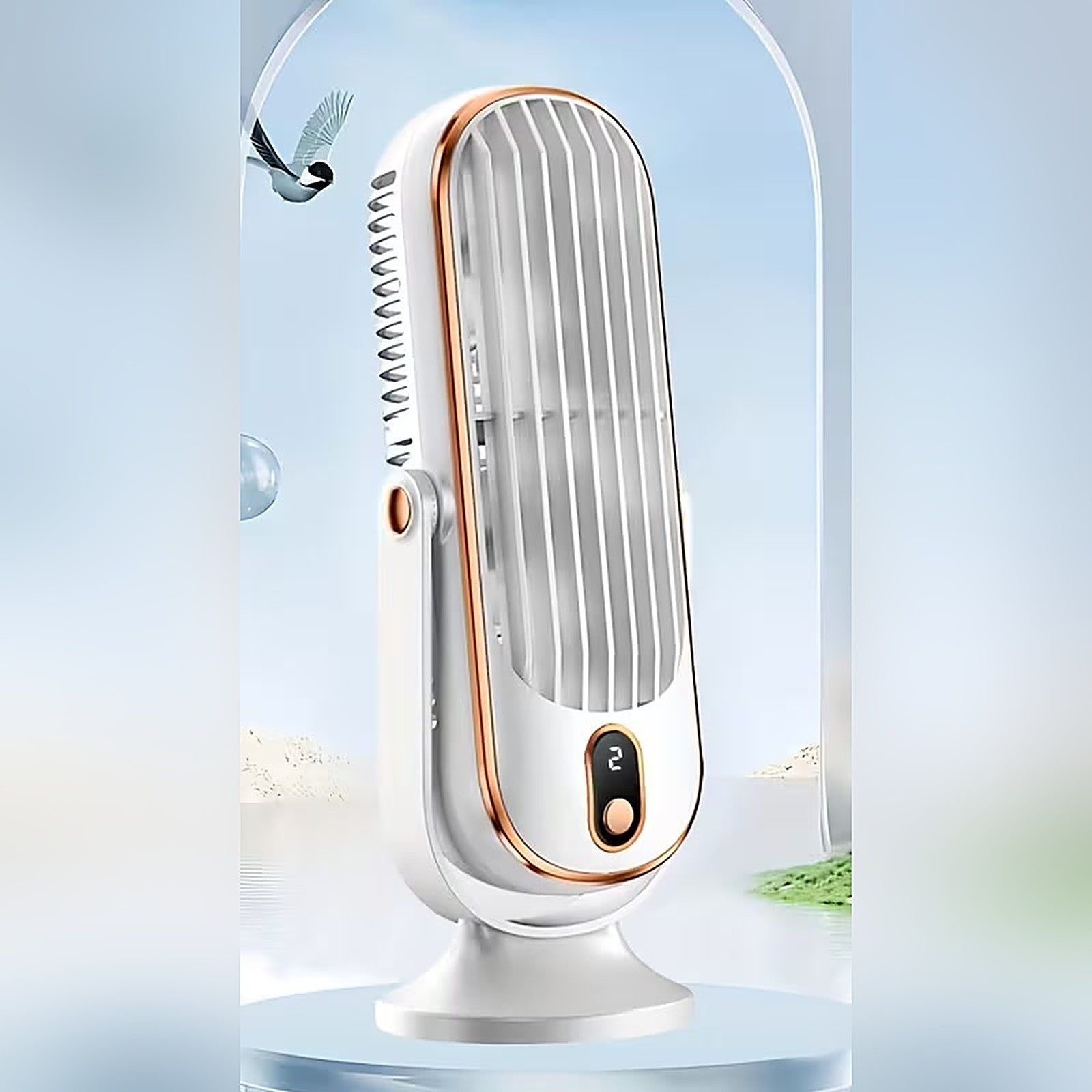 Portable dual-motor tower fan in white with LED speed display
