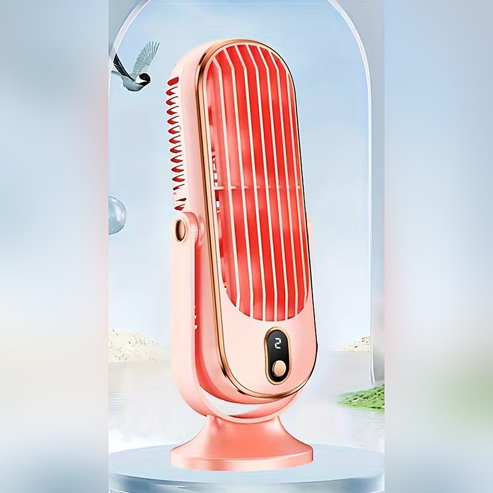 Portable dual-motor tower fan in pink with LED speed display