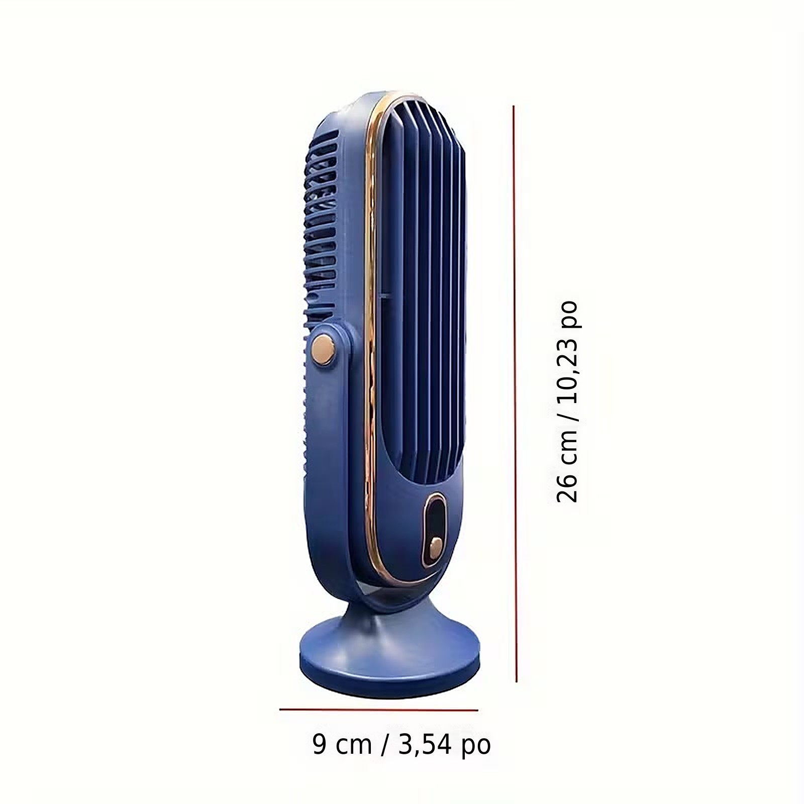 Size guide: the tower fan measures 26 cm high and 9 cm at the base